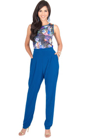 COLLETTE - Floral Print Sleeveless Casual Sexy Jumpsuit - Cobalt Royal Blue / Small