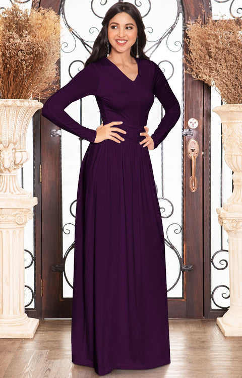 CORDELIA - Long Sleeve V-Neck Pleated Casual Fall Day Maxi Dress Gown