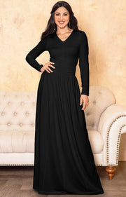 CORDELIA - Long Sleeve V-Neck Pleated Casual Fall Day Maxi Dress Gown - Black / Extra Large