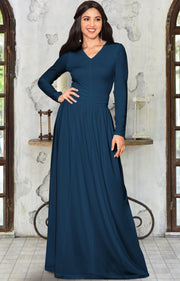 CORDELIA - Long Sleeve V-Neck Pleated Casual Fall Day Maxi Dress Gown - Blue Teal / Extra Large