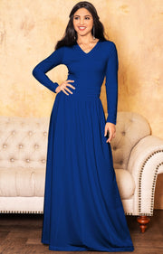 CORDELIA - Long Sleeve V-Neck Pleated Casual Fall Day Maxi Dress Gown - Cobalt Royal Blue / Extra Small