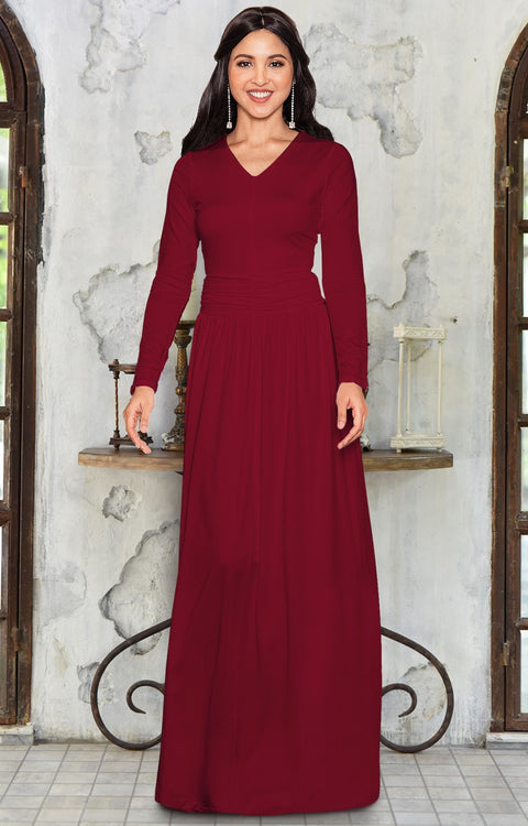 CORDELIA - Long Sleeve V-Neck Pleated Casual Fall Day Maxi Dress Gown - Crimson Dark Red / Extra Large