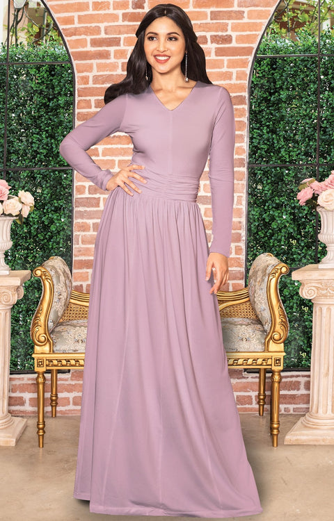 CORDELIA - Long Sleeve V-Neck Pleated Casual Fall Day Maxi Dress Gown - Dusty Pink / Extra Large