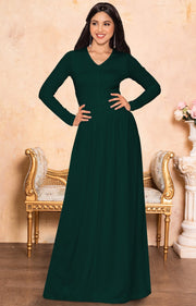 CORDELIA - Long Sleeve V-Neck Pleated Casual Fall Day Maxi Dress Gown - Emerald Green / Extra Large