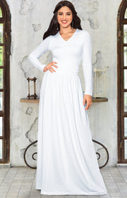 CORDELIA - Long Sleeve V-Neck Pleated Casual Fall Day Maxi Dress Gown - Ivory White / Extra Large