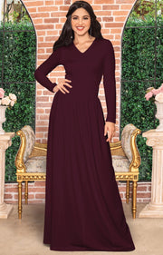 CORDELIA - Long Sleeve V-Neck Pleated Casual Fall Day Maxi Dress Gown - Maroon Wine Red / Extra Large