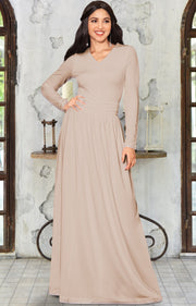 CORDELIA - Long Sleeve V-Neck Pleated Casual Fall Day Maxi Dress Gown - Nude Champagne Brown / Extra Small