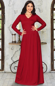 CORDELIA - Long Sleeve V-Neck Pleated Casual Fall Day Maxi Dress Gown - Red / Extra Large