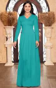 CORDELIA - Long Sleeve V-Neck Pleated Casual Fall Day Maxi Dress Gown - Turquoise / Extra Large