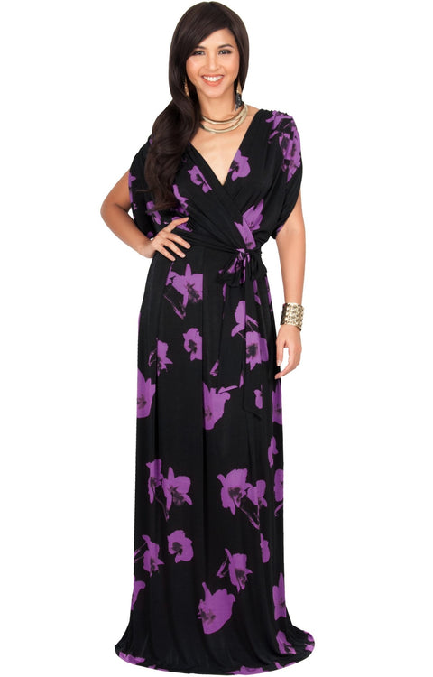 DAHLIA - Sexy V-neck Cross Over Floral Print Maxi Dress - Black & Purple / 2X Large