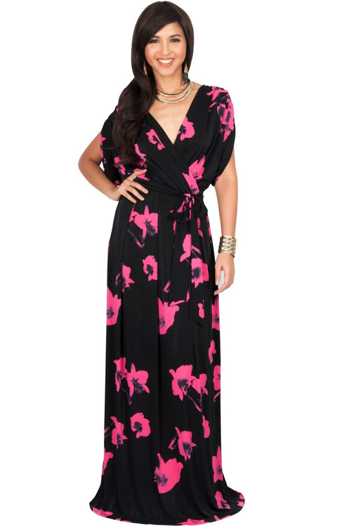 DAHLIA - Sexy V-neck Cross Over Floral Print Maxi Dress - Hot Fuchsia Pink / 2X Large