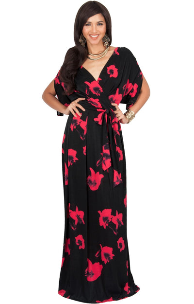 DAHLIA - Sexy V-neck Cross Over Floral Print Maxi Dress - Hot Fuchsia Pink / 2X Large