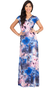 DAPHNE - Cap Sleeve V-Neck Floral Printed Maxi Dress - Royal Blue & Pink / 2X Large
