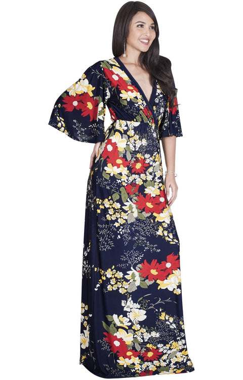 DEBRA - Long 3/4 Sleeve Floral Flower Print Flowy Sexy Maxi Dress Gown