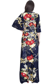 DEBRA - Long 3/4 Sleeve Floral Flower Print Flowy Sexy Maxi Dress Gown