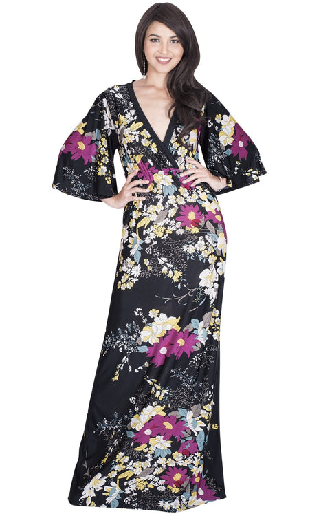 DEBRA - Long 3/4 Sleeve Floral Flower Print Flowy Sexy Maxi Dress Gown - Black / Extra Small