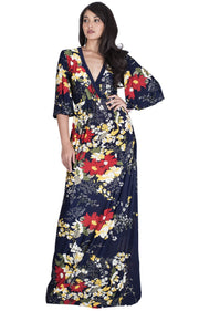 DEBRA - Long 3/4 Sleeve Floral Flower Print Flowy Sexy Maxi Dress Gown - Dark Navy Blue / Extra Small