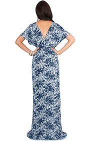 DELMA - Short Sleeve Ruched V-Neck Printed Maxi Dress