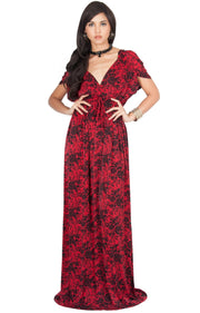 DELMA - Short Sleeve Ruched V-Neck Printed Maxi Dress - Red / 2X Large