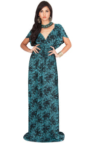 DELMA - Short Sleeve Ruched V-Neck Printed Maxi Dress - Turquoise / 2X Large