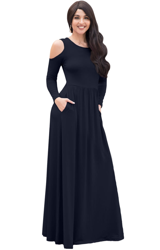ELEONORE - Long Sleeve Cold Shoulder A-line Sundress Maxi Dress Gown