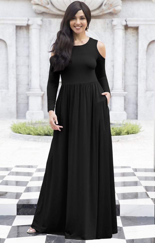 ELEONORE - Long Sleeve Cold Shoulder A-line Sundress Maxi Dress Gown - Black / Extra Small