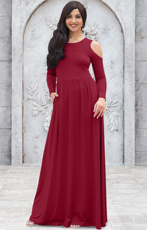 ELEONORE - Long Sleeve Cold Shoulder A-line Sundress Maxi Dress Gown - Crimson Dark Red / Extra Small