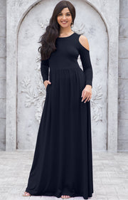 ELEONORE - Long Sleeve Cold Shoulder A-line Sundress Maxi Dress Gown - Dark Navy Blue / Extra Small