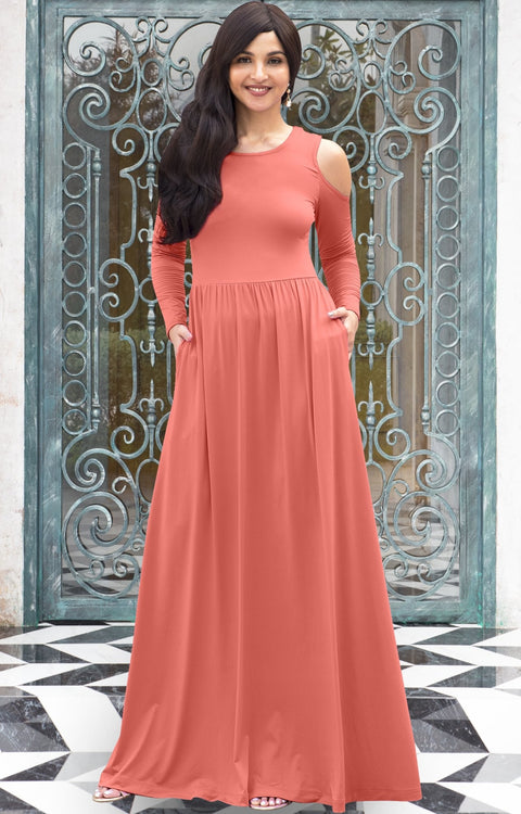 ELEONORE - Long Sleeve Cold Shoulder A-line Sundress Maxi Dress Gown - Light Pink Peach / Extra Small