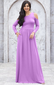 ELEONORE - Long Sleeve Cold Shoulder A-line Sundress Maxi Dress Gown - Lilac Light Purple / Extra Small