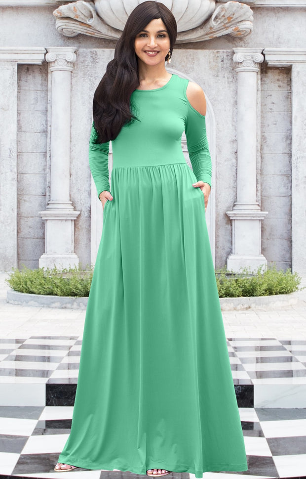 ELEONORE - Long Sleeve Cold Shoulder A-line Sundress Maxi Dress Gown - Moss / Mint Green / Extra Small