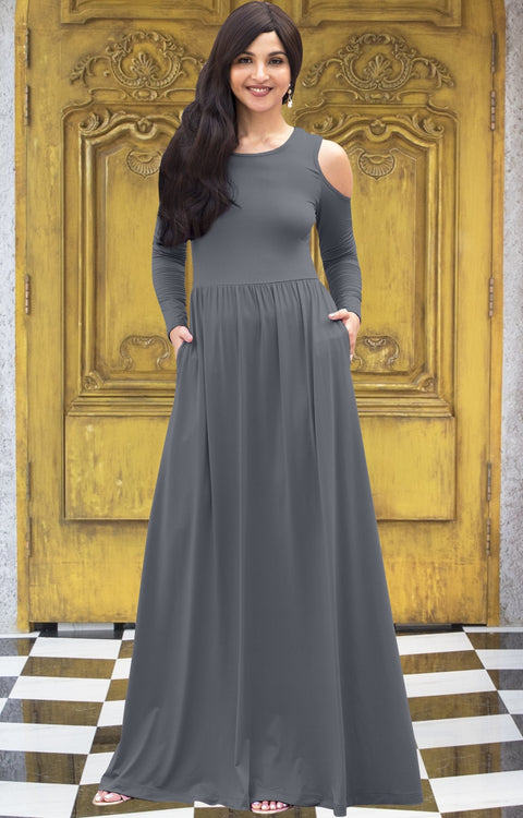 ELEONORE - Long Sleeve Cold Shoulder A-line Sundress Maxi Dress Gown - Pewter Gray Grey / Extra Small