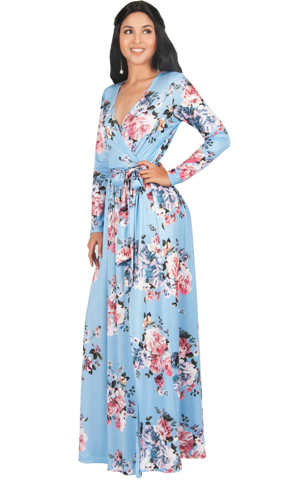 ELLAIZA - Long Sleeve Elegant Vneck Flowy Floral Print Maxi Dress Gown
