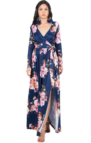 ELLAIZA - Long Sleeve Elegant Vneck Flowy Floral Print Maxi Dress Gown