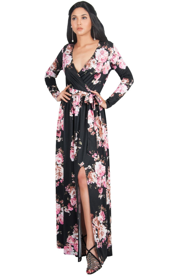 ELLAIZA - Long Sleeve Elegant Vneck Flowy Floral Print Maxi Dress Gown - Black / Medium