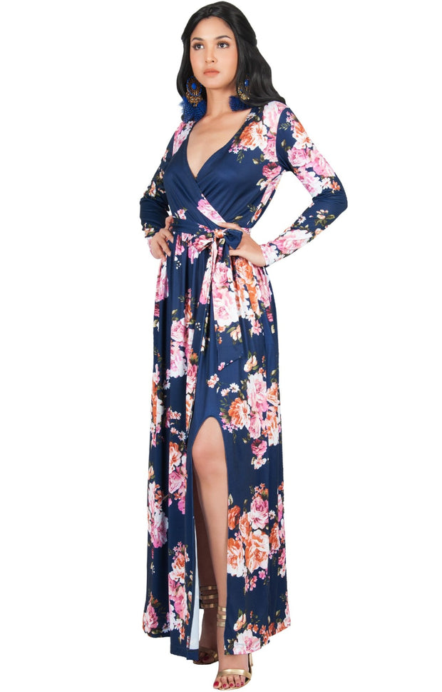 ELLAIZA - Long Sleeve Elegant Vneck Flowy Floral Print Maxi Dress Gown - Dark Navy Blue / Medium