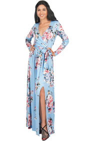 ELLAIZA - Long Sleeve Elegant Vneck Flowy Floral Print Maxi Dress Gown - Sky Baby Light Blue / Medium