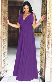 ELLE - Long Wedding Bridesmaid Bridal Formal Evening Gown Maxi Dress - Lavender Purple / 2X Large