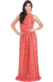 ELVINA - Long Casual Print Sexy Sleeveless Summer Dinner Date Maxi Dress - Red & Beige / Medium