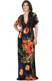 EMMA - Floral Printed Hawaiian Kimono Styled Sleeve Maxi Dress - Black / Large