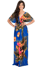 EMMA - Floral Printed Hawaiian Kimono Styled Sleeve Maxi Dress - Cobalt Royal Blue / Small