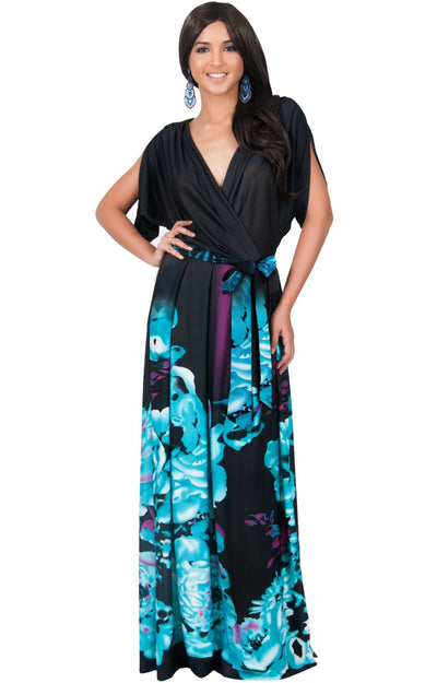 EVA - Batwing Dolman Sleeve Floral Print Maxi Dress - Pink & Black / 2X Large