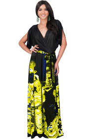 EVA - Batwing Dolman Sleeve Floral Print Maxi Dress - Black & Yellow / 2X Large