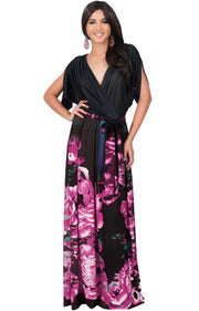 EVA - Batwing Dolman Sleeve Floral Print Maxi Dress - Pink & Black / 2X Large