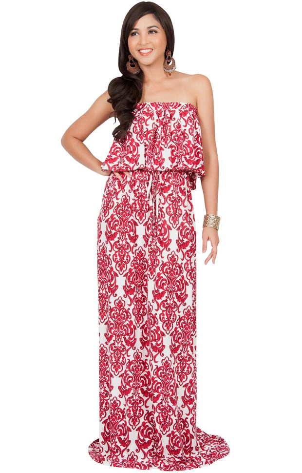 FARRAH - Strapless Vintage Print Summer Cocktail Party Maxi Dress - White & Red / 2X Large