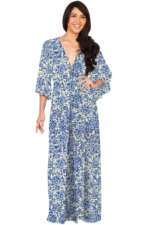 FLORENCE - 3/4 Kimono Sleeve Deep V-Neck Floral Print Long Maxi Dress - Blue / Small - Dresses