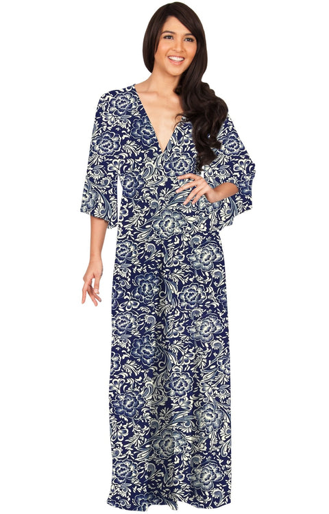 FLORENCE - 3/4 Kimono Sleeve Deep V-Neck Floral Print Long Maxi Dress - Dark Blue / Small - Dresses
