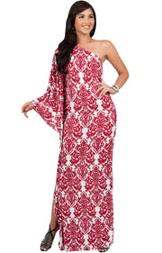 FLOYD - One Shoulder Long Print Cape Sleeve Evening Gown Maxi Dress - Red & White / 2X Large