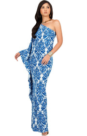 FLOYD - One Shoulder Long Print Cape Sleeve Evening Gown Maxi Dress - Royal Blue & White / 2X Large
