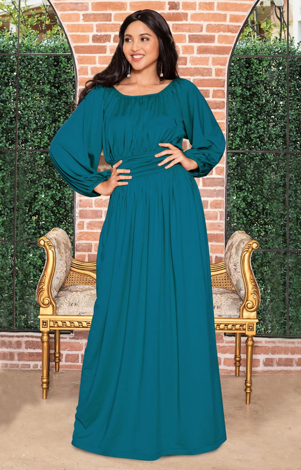 FRANNY - Long Sleeve Peasant Casual Flowy Fall Modest Maxi Dress Gown - Blue Green Jade / Small
